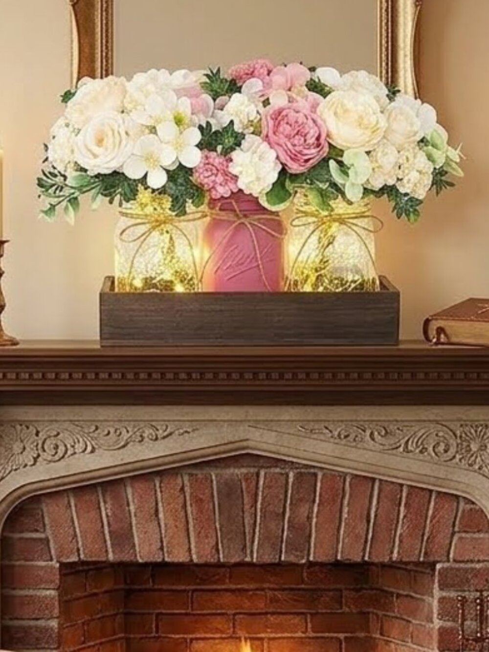 Rose Flower Mason Jar Table Centerpiece with Lights